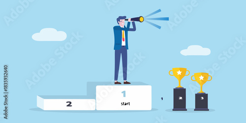 Businessman on podium looking through telescope at trophies future vision
