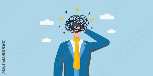 Stressed businessman with tangled thoughts and lightning bolts illustration on blue background