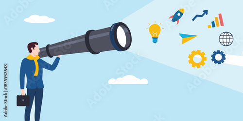 Businessman looking through telescope at business icons in the sky