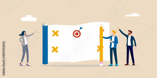 Business team planning strategy on a map with target and route