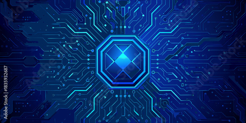 Abstract blue circuit board with octagonal central processor unit design