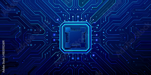 Futuristic blue circuit board with central processor unit illustration