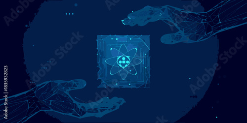 Abstract hands holding atom symbol in a digital cube