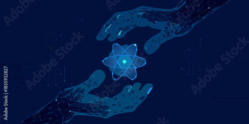 Hands holding atom science technology and innovation concept in dark blue