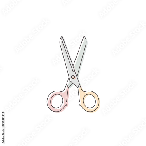 A pair of open scissors with pink and yellow handles on a white background