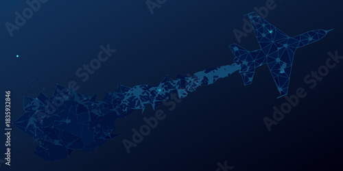 Abstract airplane silhouette with network connection on dark blue background