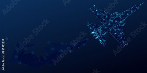Abstract fighter jet illustration with connected dots on dark blue background