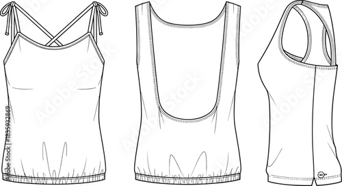 Tank top technical sketch, spaghetti strap, racerback, scoop back, button detail, cad drawing flat vector illustration