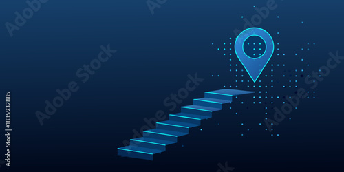 Stairs leading to location pin concept of success and destination