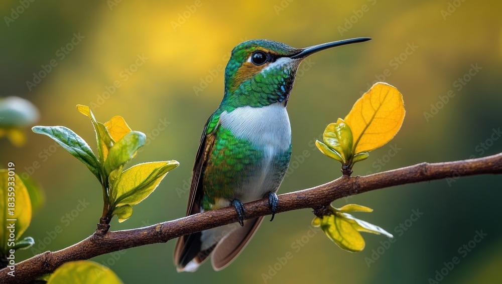 Naklejka premium Close-up of a vibrant green and white hummingbird perched calmly on a thin branch with yellow and green leaves against a soft blurred yellow-green background