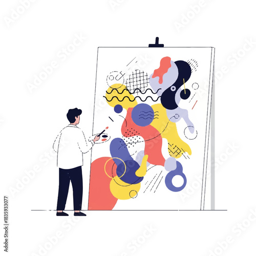 Dynamic illustration of an artist crafting a bold abstract painting, showcasing artistic expression and design