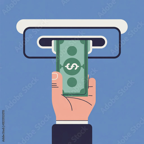 Person inserting dollar bill into atm for financial transaction