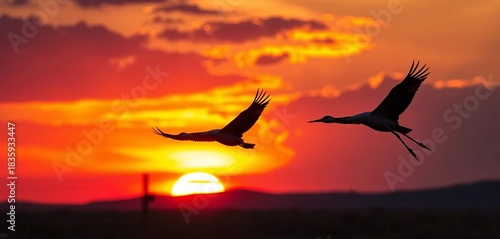 Three sandhill cranes in silhouette soar against a vibrant New Mexico sunset over the Bosque del Apache National Wildlife Refuge,  landscape,  orange