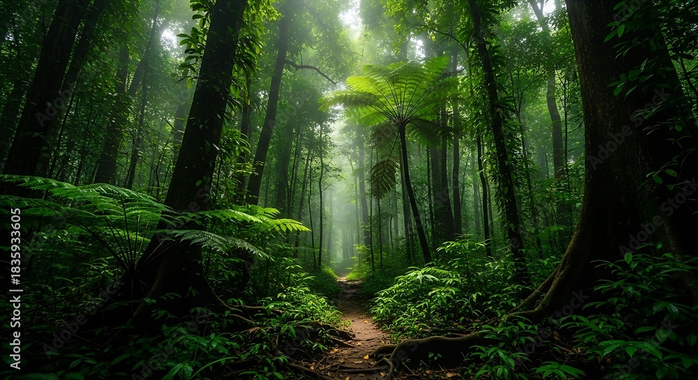 Fototapeta premium Enchanting Trail Through Lush Green Rainforest A Serene Nature Walk in the Jungle