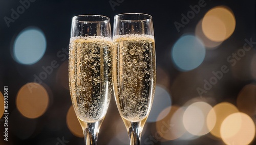 Two sparkling champagne flutes filled with golden bubbles against a bokeh background, perfect for celebrations and luxury events.