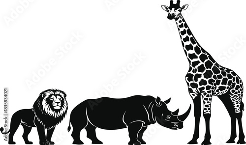 Black silhouette of lion rhinoceros and giraffe animals on white background safari