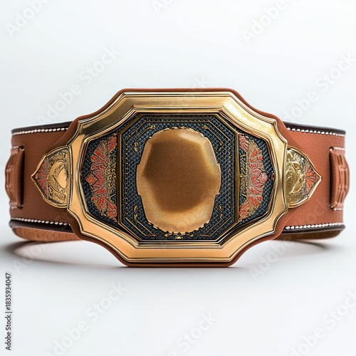 ornate gold and leather championship belt with intricate embossed and engraved details on a clean white background