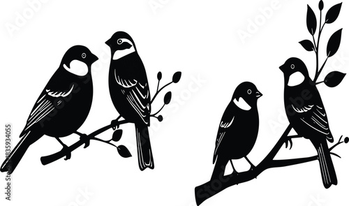 Black silhouette of two birds on a branch with leaves and berries on the left and two birds on a branch with leaves on the right