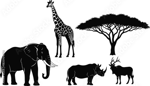 Black silhouettes of African safari animals and acacia tree on white background elephant