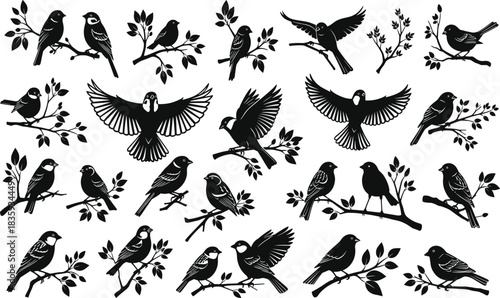 Collection of black bird silhouettes perched on branches with leaves tree