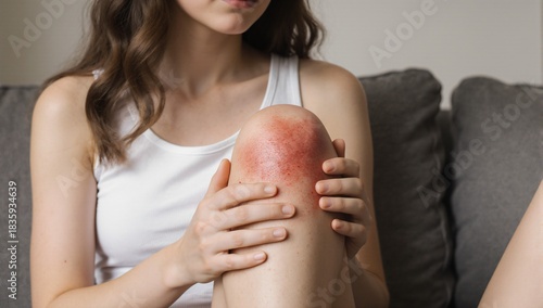 Woman holding knee with red rash, showing skin irritation symptoms. Common causes include eczema, insect bites, or allergies. Seek medical advice for relief.