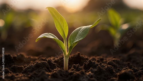 A vibrant young plant sprouting from rich soil at sunrise, symbolizing growth, sustainability, and new beginnings in agriculture.