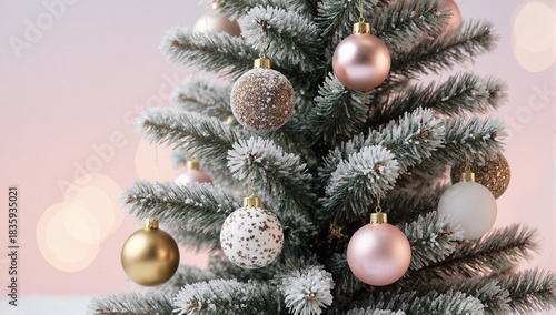 Elegant Christmas tree adorned with frosty branches, rose gold, and white ornaments against a soft pink backdrop. Perfect for holiday decor inspiration.