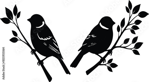 Two black silhouette birds perched on leafy branches white