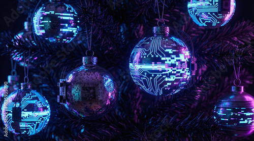Futuristic cyberpunk Christmas tree baubles with neon circuit board patterns and blue and purple lighting