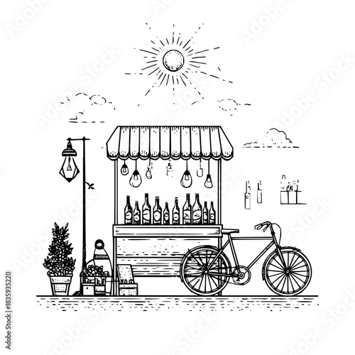 Vintage market stall with bicycle and sun illustration in detailed line art style is shown here