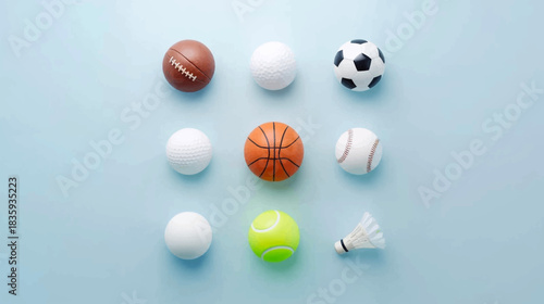 Collection of miniature sports balls arranged in a grid on a light blue background