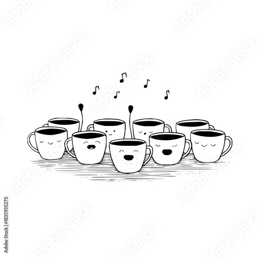 Coffee cups singing choir with musical notes illustration in black and white vector format