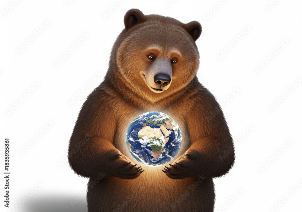 Fototapeta premium Cute Bear Holding Globe with Africa View Symbolizing Nature Conservation and Global Awareness