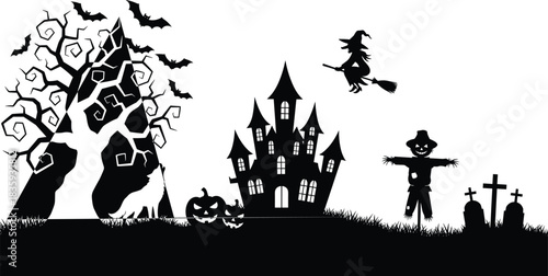 Scary Halloween night background silhouette with haunted castle witch flying bats scarecrow and howling wolf in graveyard cad drawing flat vector illustration