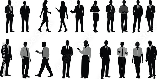 Set of diverse business people silhouettes in professional attire, showcasing various standing and interacting poses for corporate, employment, finance, and teamwork themes.