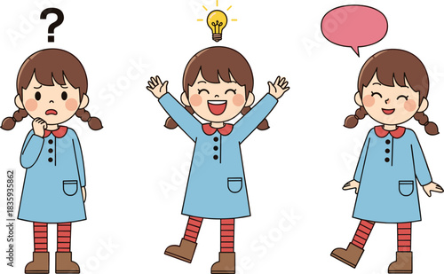 Set of cute little girl poses thinking wondering having idea and talking with speech bubble cad drawing flat vector illustration