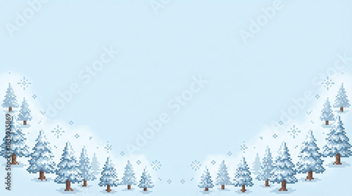 Pixel art winter landscape with snowy pine trees on light blue background