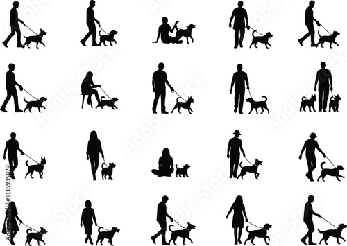 Set of dog walker silhouettes collection people walking pets on leash men and women cad drawing flat vector illustration
