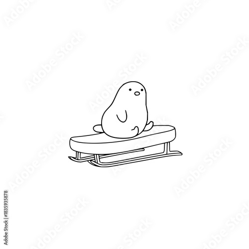 Cute cartoon penguin sitting on a sled ready for winter fun and snow adventures down the hill today