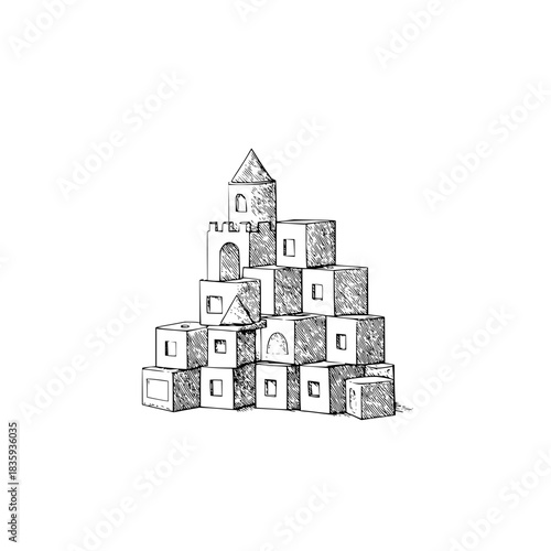 Sketch of a castle made of blocks for children with a tower and windows in black and white style drawing