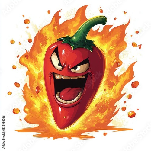 angry red chili pepper with fierce face and open mouth surrounded by fiery flames and flying chili seeds