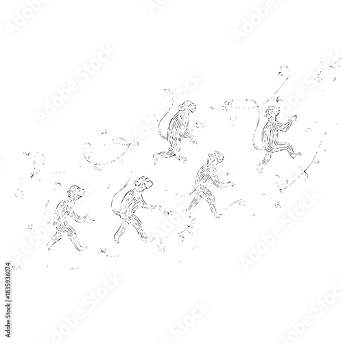 Monkeys progressing through the jungle on vines in a whimsical hand drawn style illustration of primates with tails