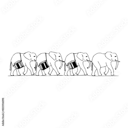Elephants marching with drums in a line drawing in black and white, a parade of animals with musical instruments