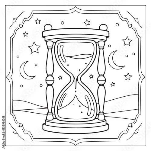 Whimsical hourglass with celestial elements and rolling hills evokes a sense of wonder and passage of time for creative projects
