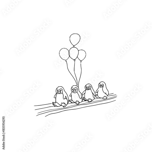 Penguins with balloons on a branch in simple line art illustration for children and adults to enjoy coloring
