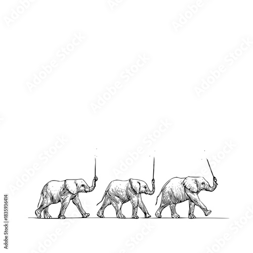 Elephants parade with raised trunks in a monochromatic sketch style illustration that is artistic and simple