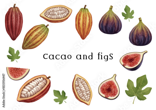 Watercolor and colored pencil style illustration of cacao, chocolate, and figs