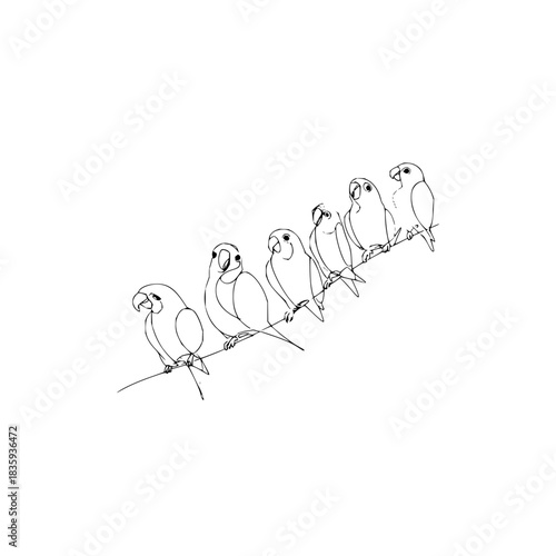 Line art of parrots perched on a branch in a simple and minimalist design concept drawing style