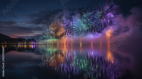 Fireworks display over tranquil lake reflecting colorful lights on smooth water surface during twilight with dark sky and distant trees creating magical festive atmosphere
