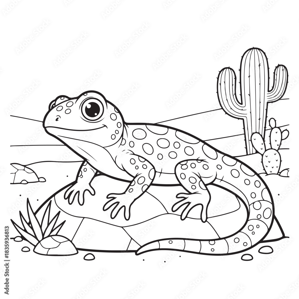 Obraz premium Adorable cartoon gecko rests on a rock in a desert scene with cacti and sandy ground, perfect for children's educational materials and creative projects.